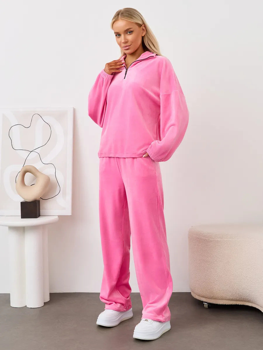 Women's velvety two-piece lounge set with hooded half-zip and elastic waistband pants Mune Fashion