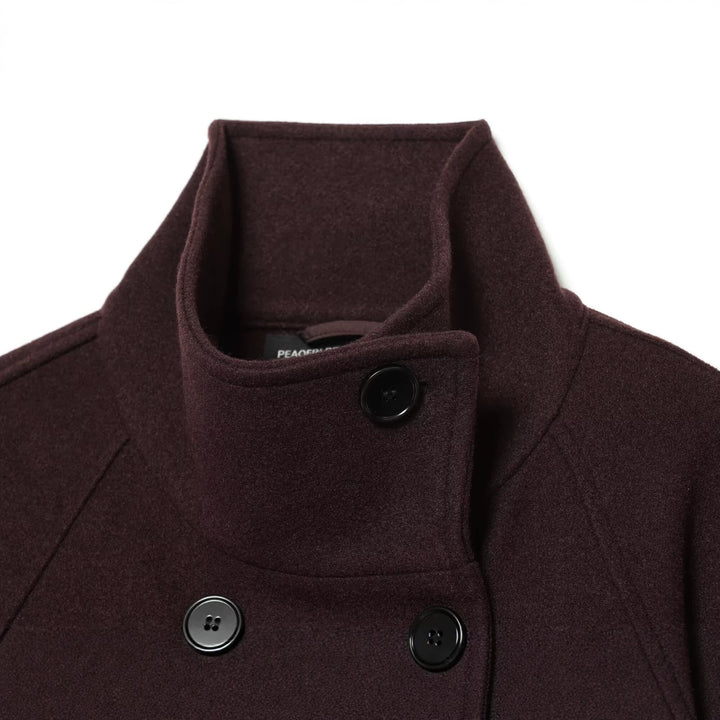 Women Short Cut Double-Breasted Wool Cape Coat with Stand-Up Collar and Belt Drune