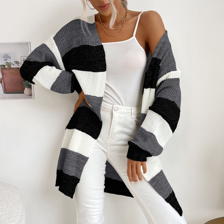 Women's Longline Knit Cardigan with Wide Block Stripes, Open Front and Dropped Shoulders Mune Fashion