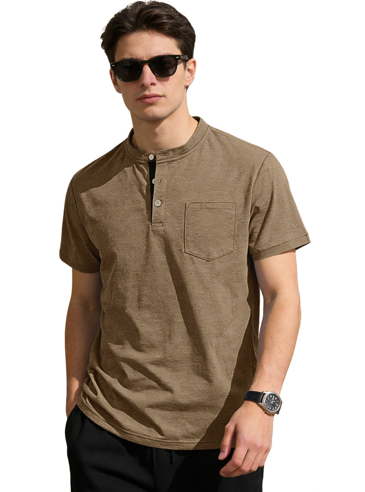 Men's structured cotton henley shirt with short stand-up collar button placket and chest pocket Mune Fashion