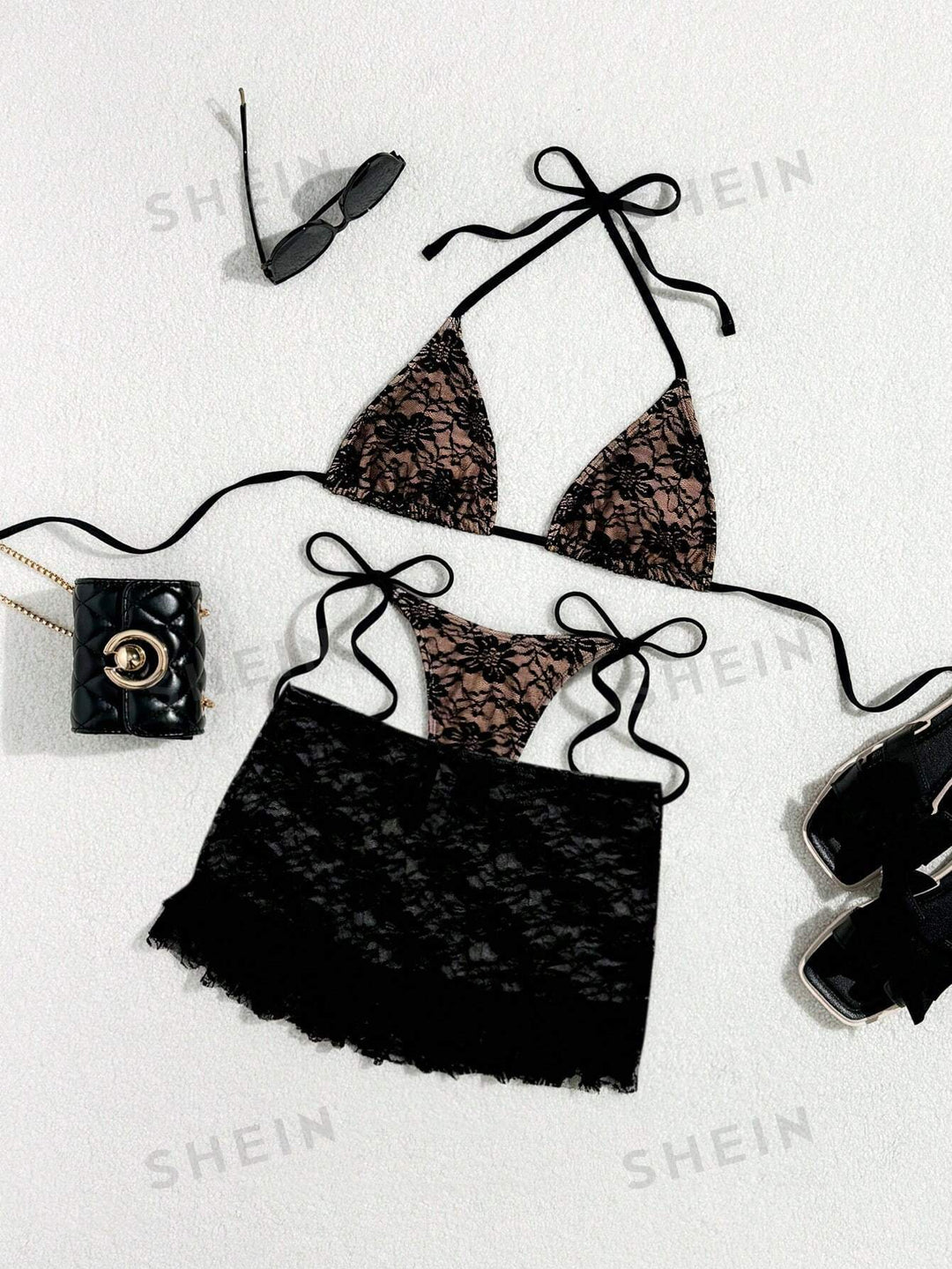 Ladies Lace Bikini with Floral Design and Flowing Skirt Mune Fashion