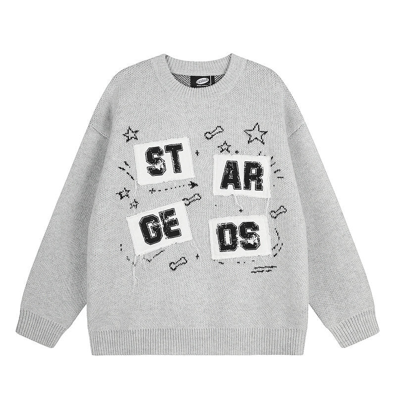 Ladies oversized knit sweater with round neck, appliqués, and vintage letter patches Mune Fashion