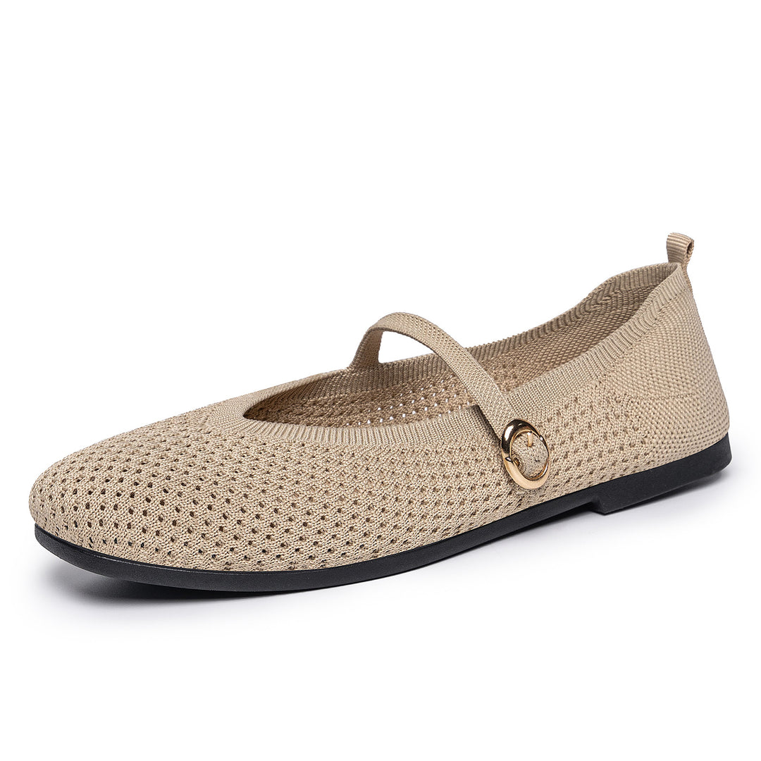 Women's breathable knitted Mary Jane ballerina shoes with elastic strap, gold decorative eyelet, and removable memory insole Mune Fashion