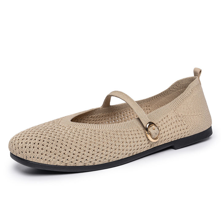 Women's breathable knitted Mary Jane ballerina shoes with elastic strap, gold decorative eyelet, and removable memory insole Mune Fashion