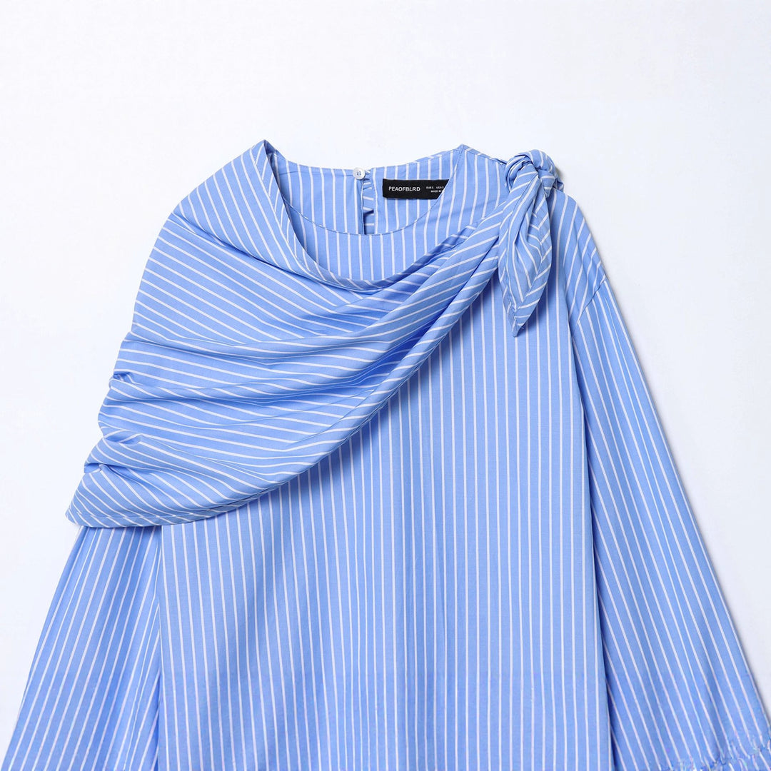 Women's cotton blouse with shoulder-detailed draped shawl collar and wide cuffs Mune Fashion