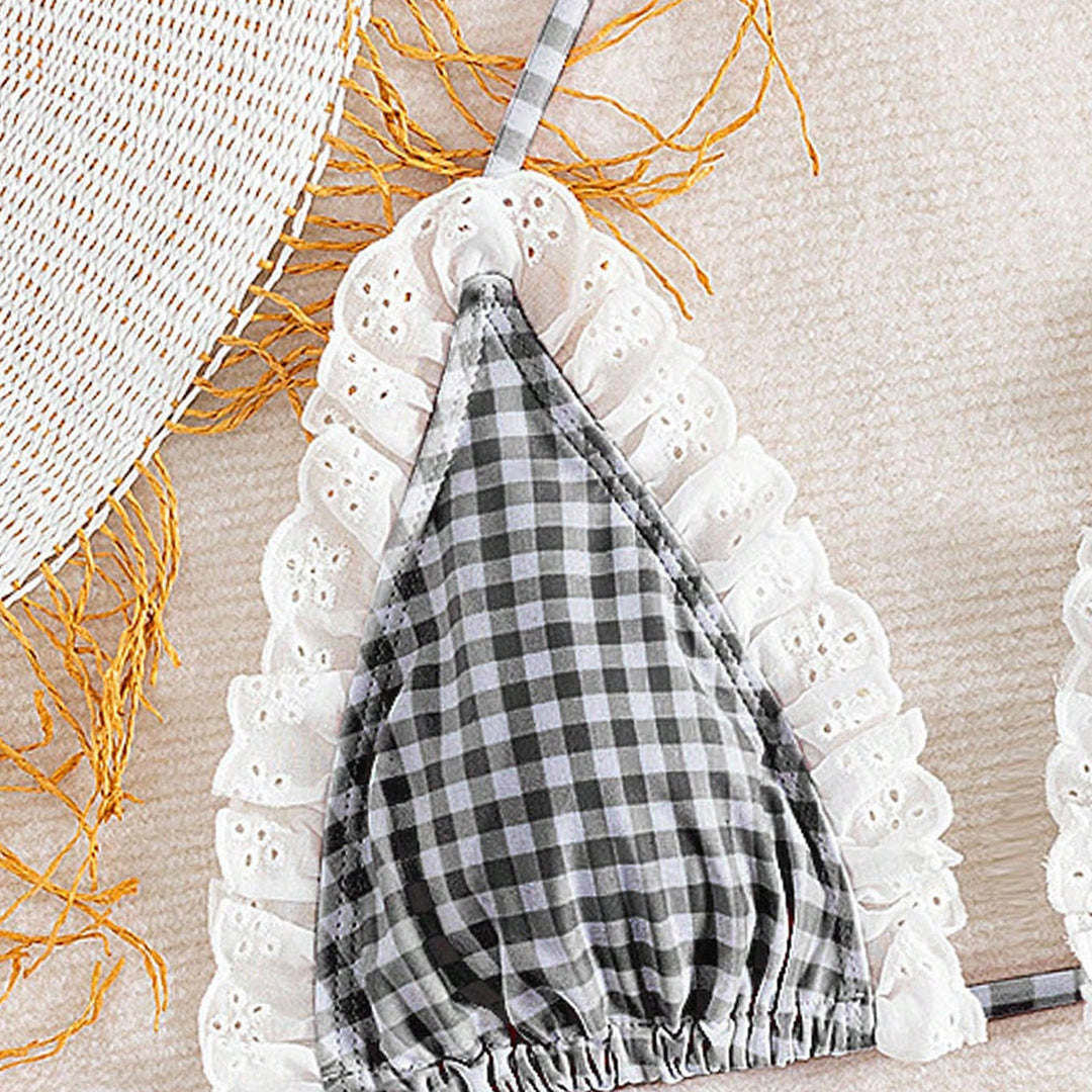 Women's Triangle Bikini with Ruffle Details and Checkered Design Mune Fashion