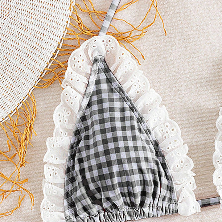 Women's Triangle Bikini with Ruffle Details and Checkered Design Mune Fashion
