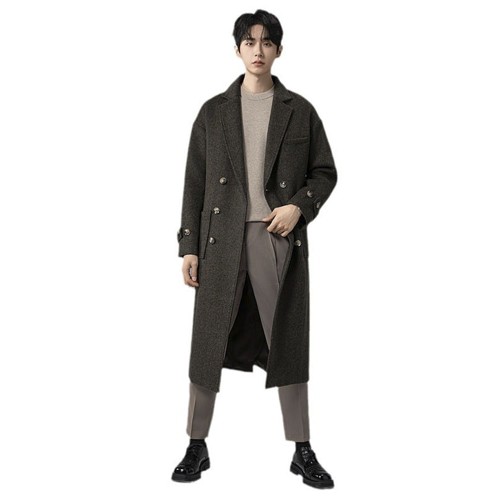Men's Maxi Length Wool Blend Coat in Tweed Look with Oversized Cut, Double Breasted and Belted Mune Fashion
