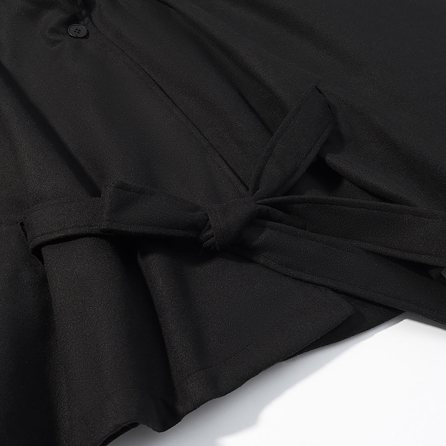 Women's short cape with stand-up collar, concealed button placket, and waist tie belt Mune Fashion