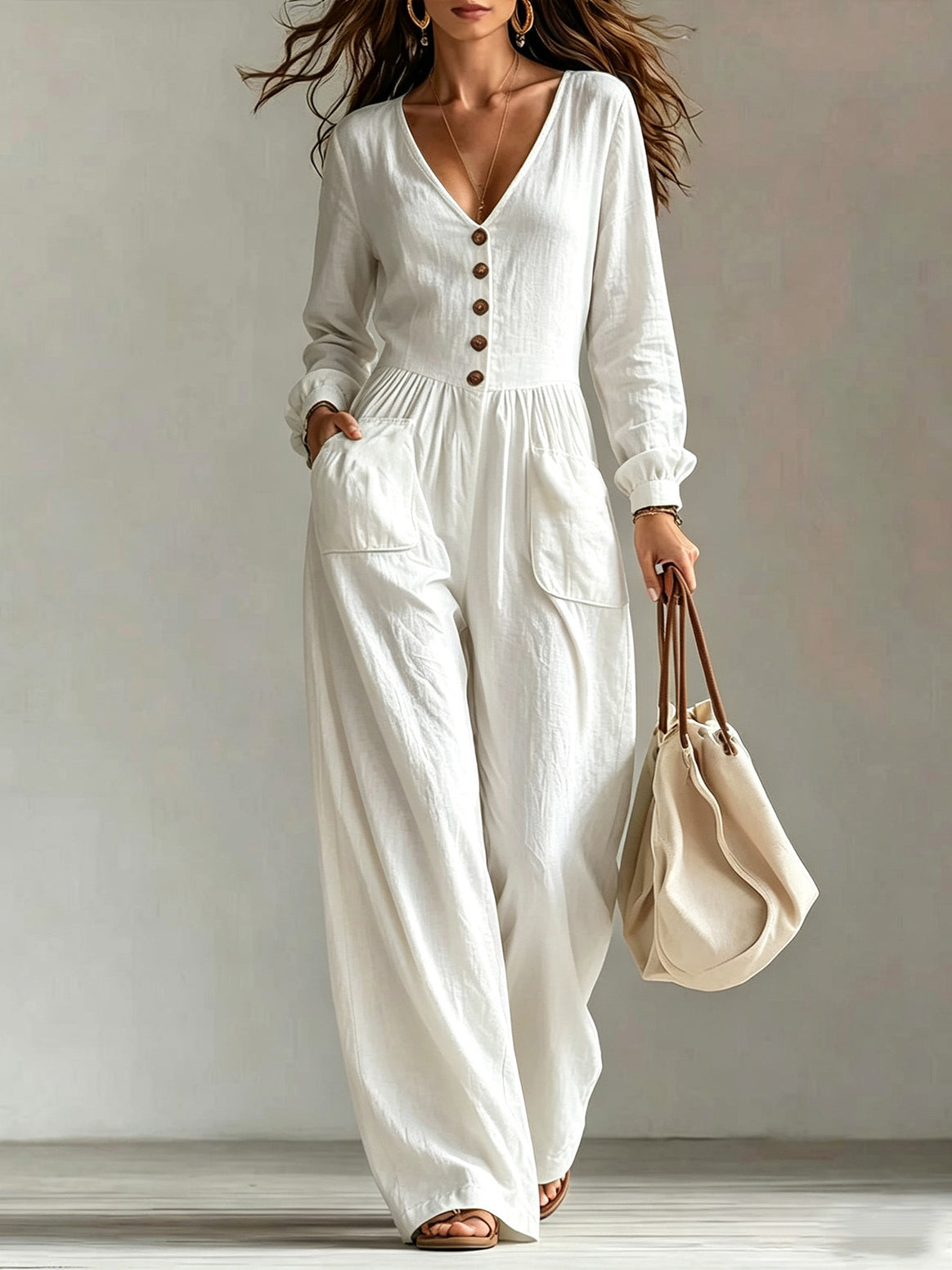 Ladies linen jumpsuit with V-neck, button placket and wide leg cut Mune Fashion