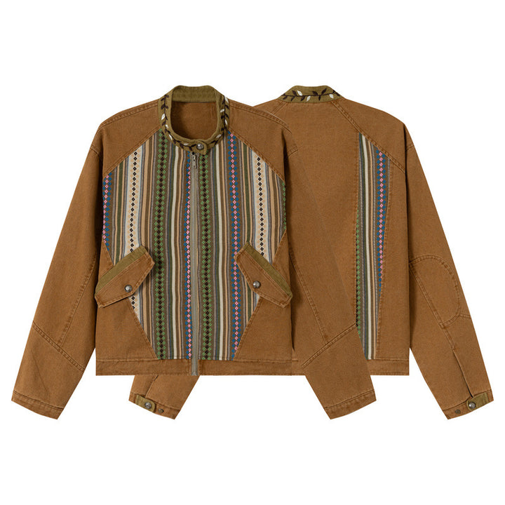 Women's Short Canvas Blouson with Woven Ethno Striped Front and Flap Pockets Mune Fashion