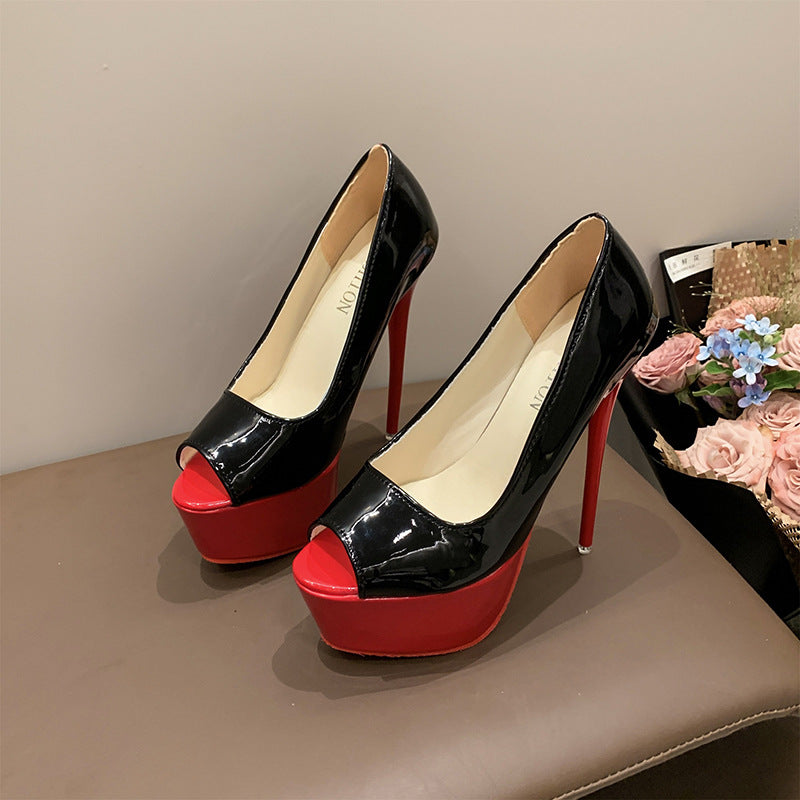 Women's Open Toe Platform Stiletto with High Heel and Lacquer Finish Mune Fashion