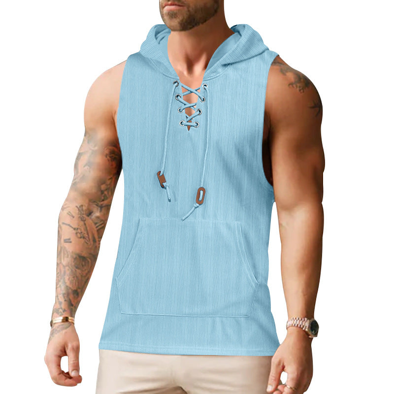 Men sleeveless hoodie sweatshirt with laced collar and kangaroo pocket Mune Fashion