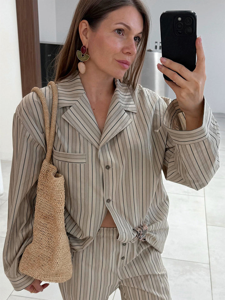 Women's Oversized Striped Blazer Set with Relaxed Linen Blend Pants Mune Fashion
