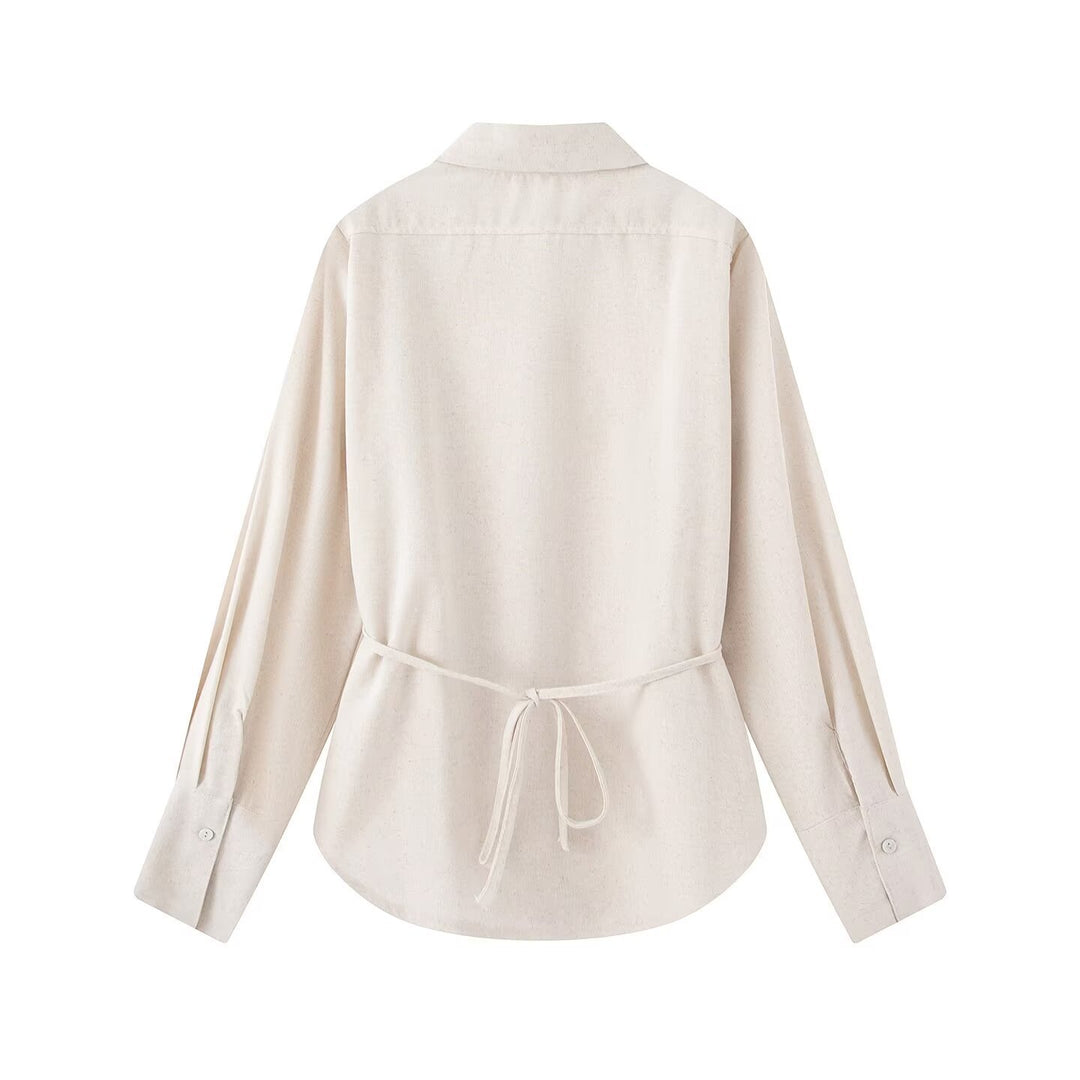 Women Two-piece ensemble consisting of fitted blouse with tie and high-waisted palazzo pants Mune Fashion