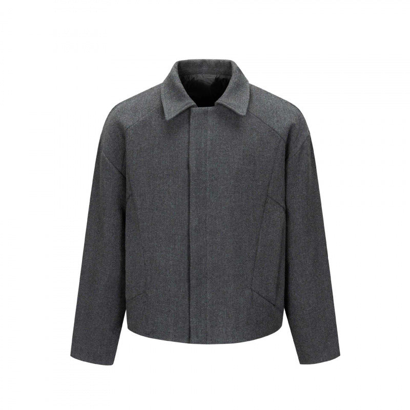 Men's Short Boxy Wool Blend Transitional Jacket with Concealed Button Placket and Raglan Sleeves Mune Fashion