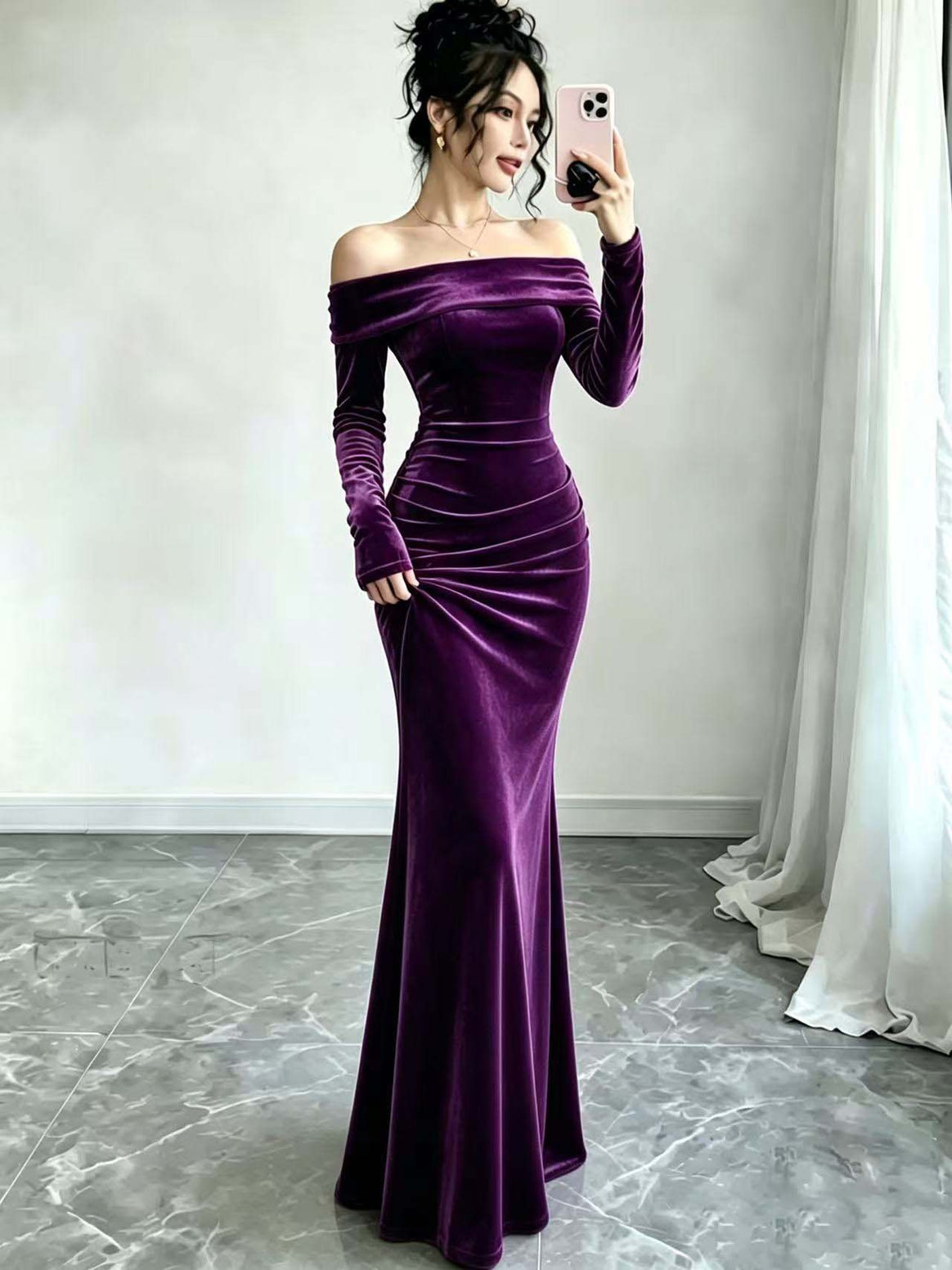 Women Long Velvet Evening Dress with Off-Shoulder Neckline and Deep Back Cutout Mune Fashion