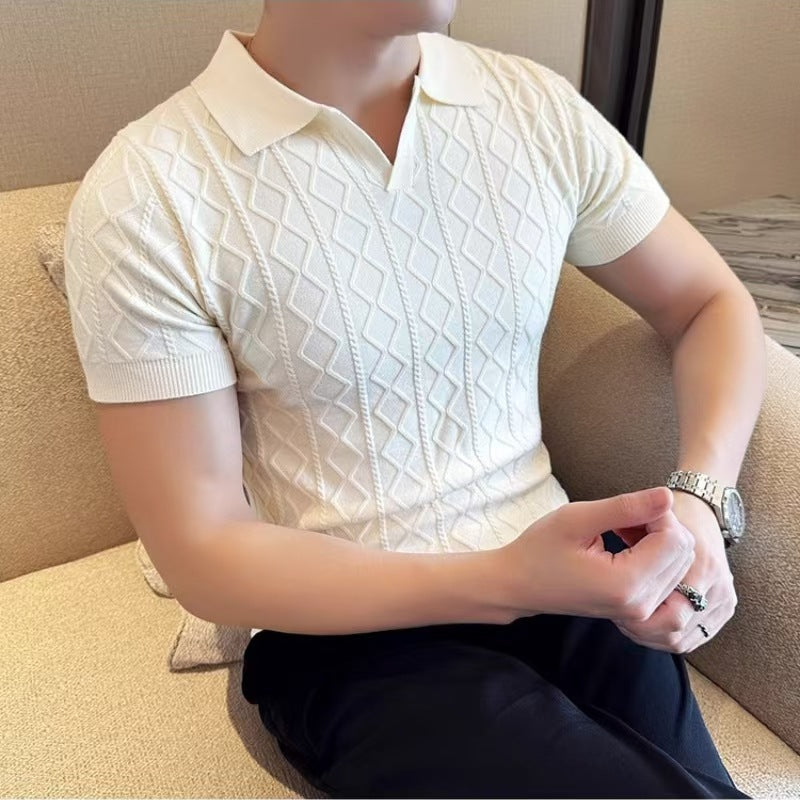 Men's Elegant Knitted Polo Shirt with Decorative Structure Mune Fashion
