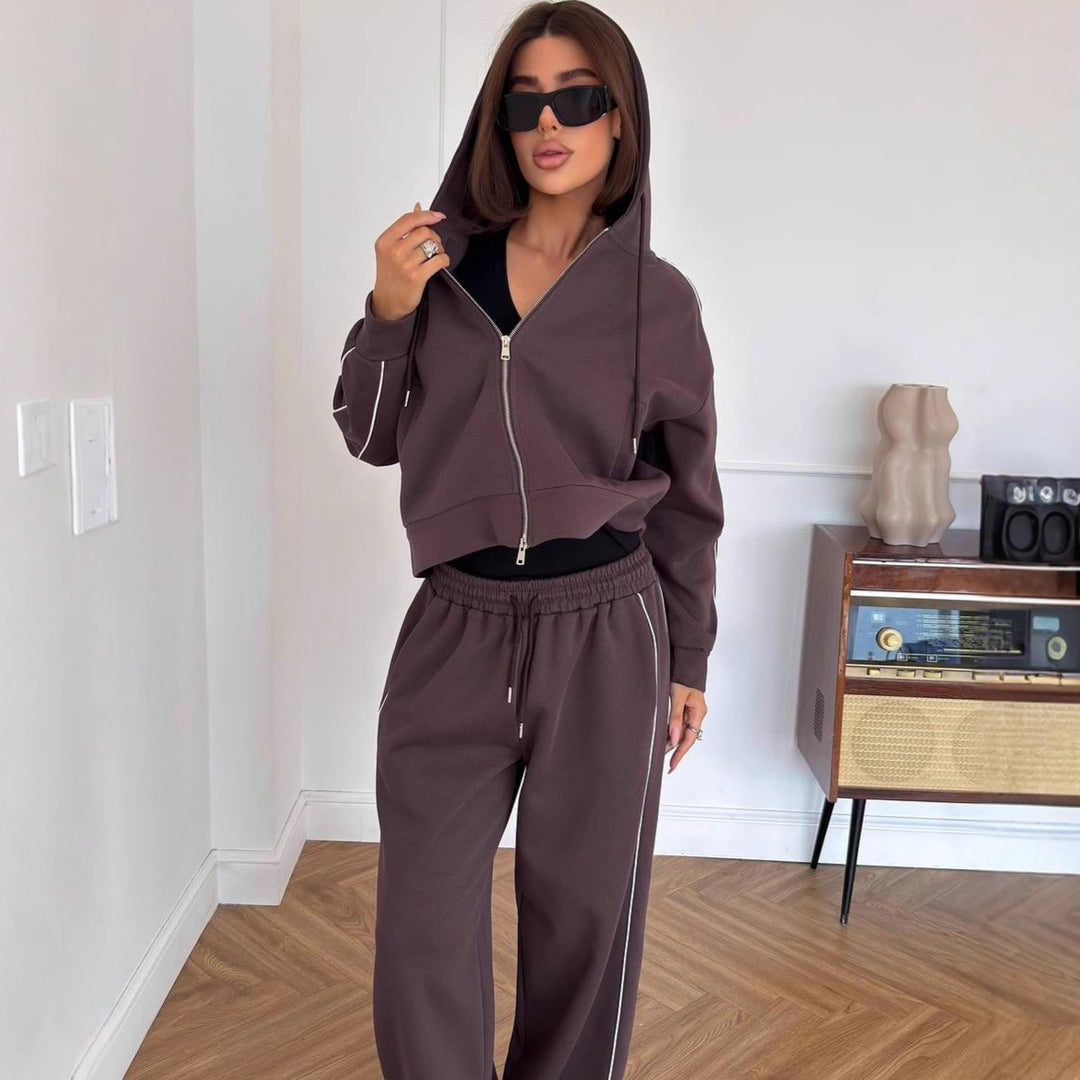 Women's Casual Two-Piece Lounge Set with Oversized Zip Jacket and Wide Drawstring Pants Waist Mune Fashion