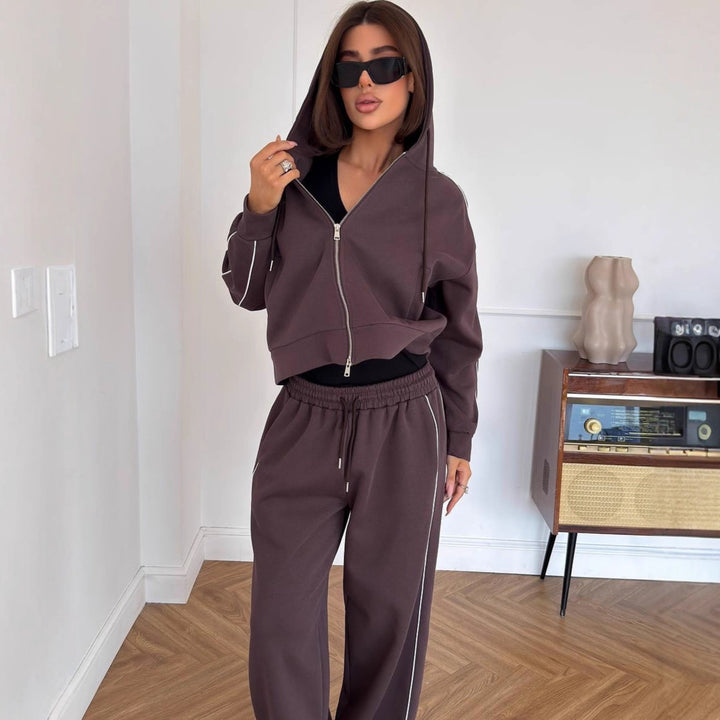 Women's Casual Two-Piece Lounge Set with Oversized Zip Jacket and Wide Drawstring Pants Waist Mune Fashion