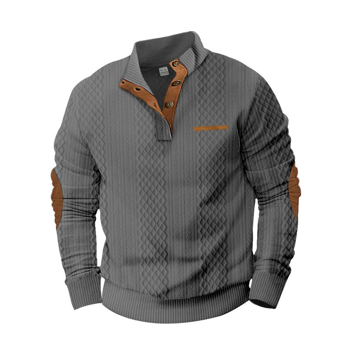 Men's knitted pullover with stand-up collar, button placket and elbow patches Mune Fashion