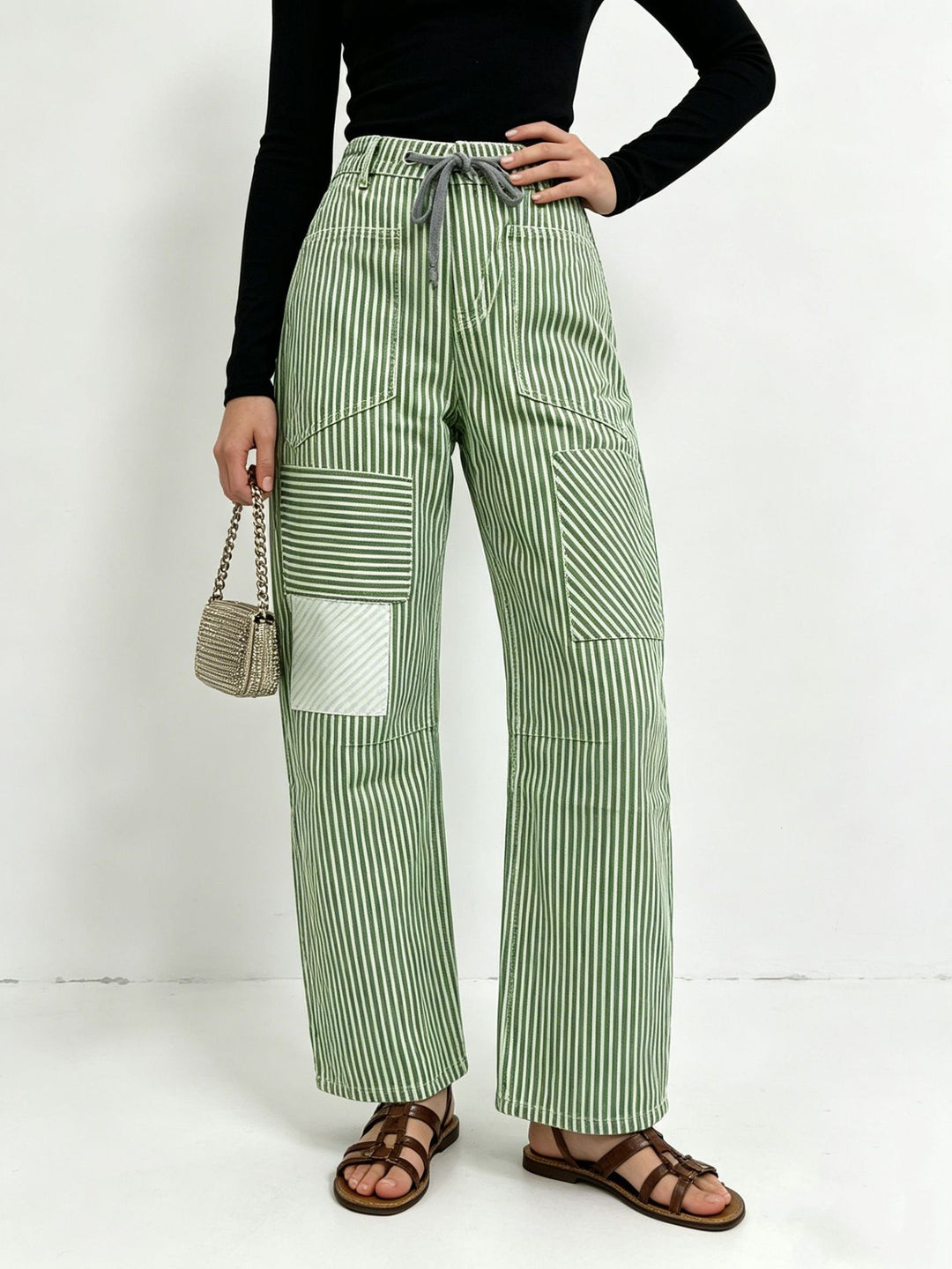Women nan High-Waist Relaxed Pants with vertical stripe pattern, patch knee patches and drawstring Mune Fashion