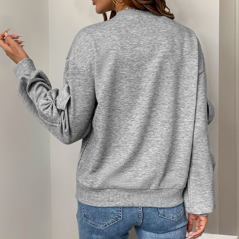 Women's Cozy Sweatshirt with 3D Bow Applications, Round Neck & Ribbed Cuffs Mune Fashion