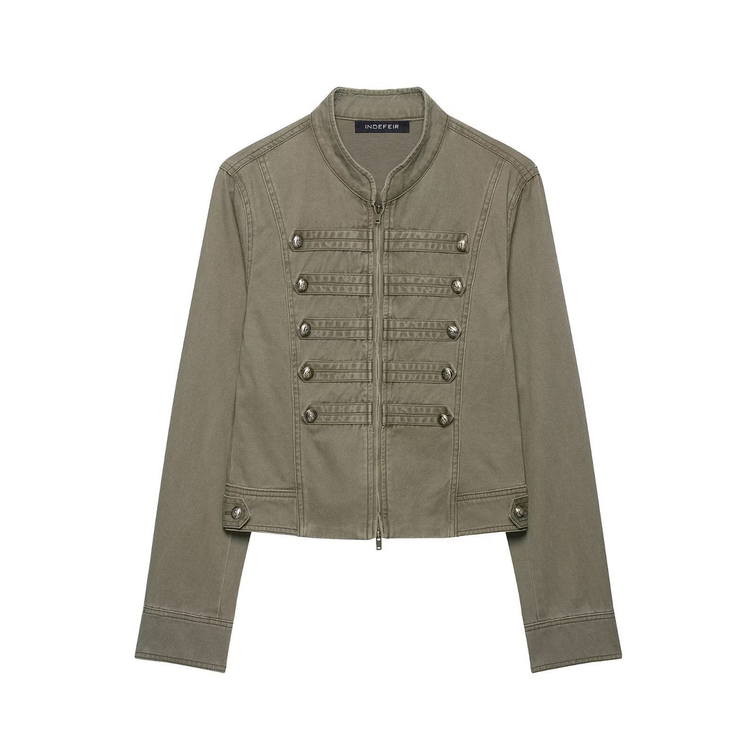 Ladies military-inspired short jacket with stand-up collar, decorative flaps and zipper Mune Fashion