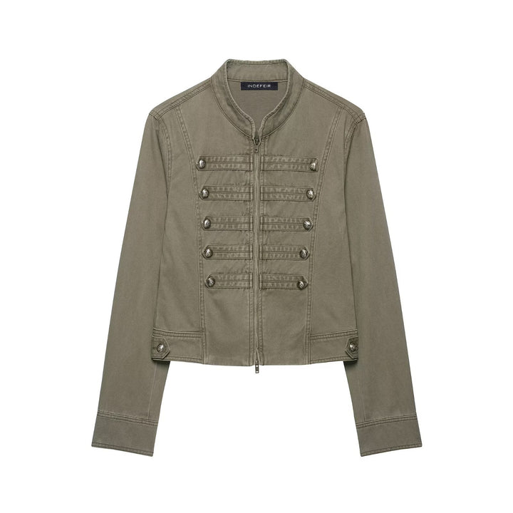 Ladies military-inspired short jacket with stand-up collar, decorative flaps and zipper Mune Fashion