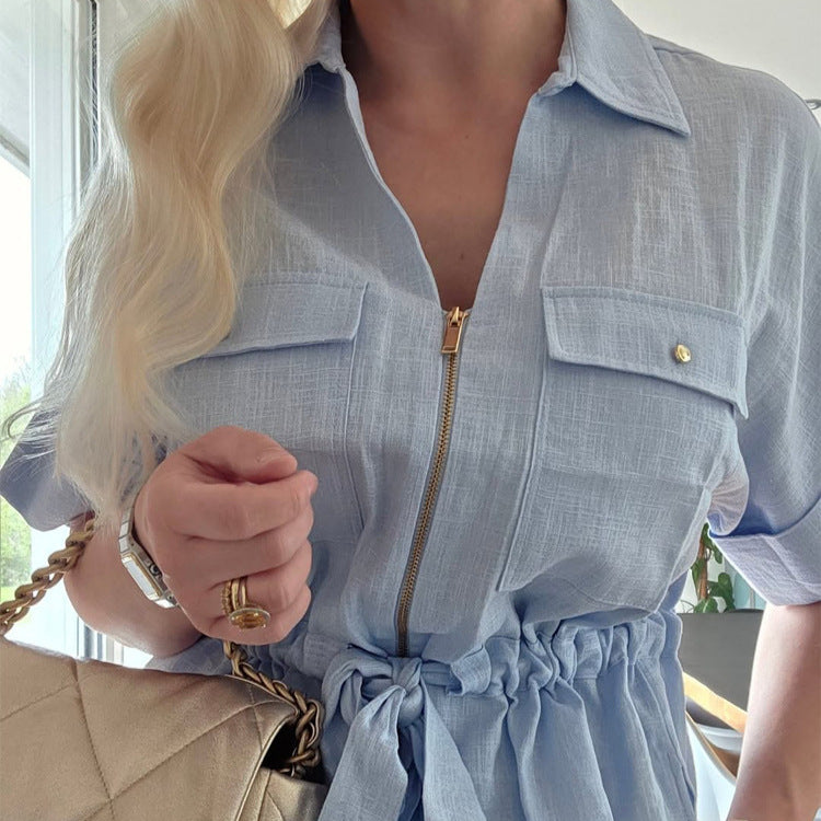 Women's Short Sleeve Blouse with Zipper, Breast Pockets & Drawstring Waist Mune Fashion
