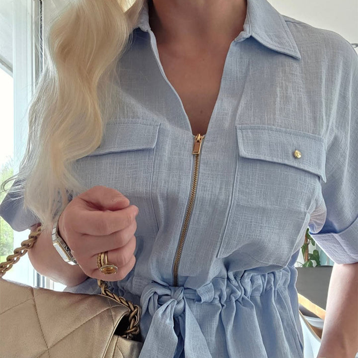 Women's Short Sleeve Blouse with Zipper, Breast Pockets & Drawstring Waist Mune Fashion