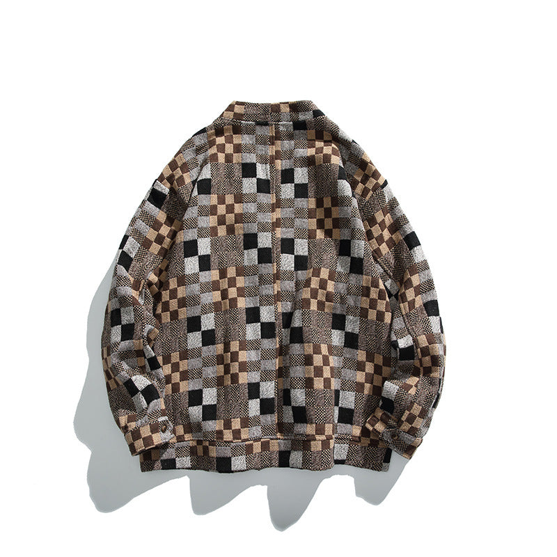Unisex Boxy Cardigan in Patchwork Check with V-neck, snap front, and patch pockets Mune Fashion
