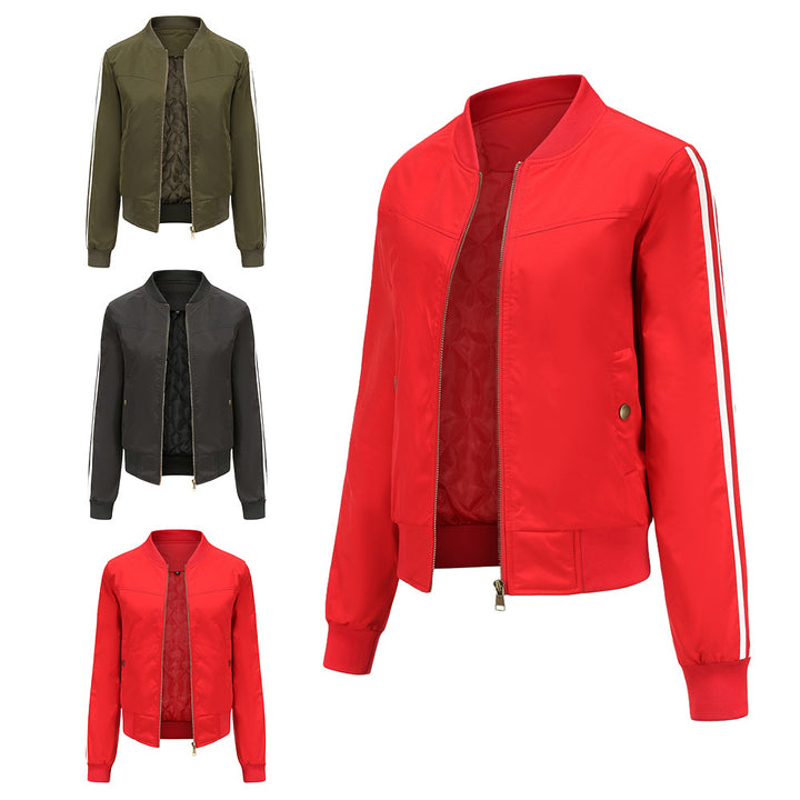 Women's casual bomber jacket with side contrast stripes, quilted inner lining and ribbed cuffs Mune Fashion