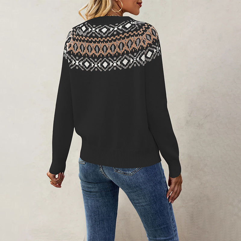Women's Nordic Pattern Pullover with Round Neck and Casual Cut Mune