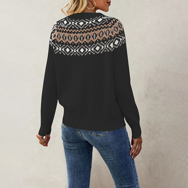 Women's Nordic Pattern Pullover with Round Neck and Casual Cut Mune