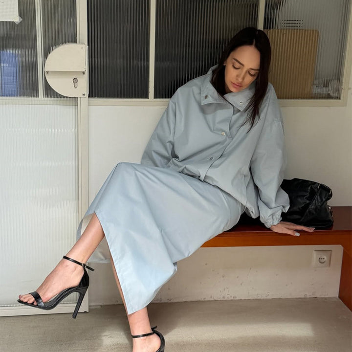 Women's Two-Piece Co-Ord Set made of Lightweight Windbreaker with Drawstring and Tailored Maxi Skirt Mune Fashion