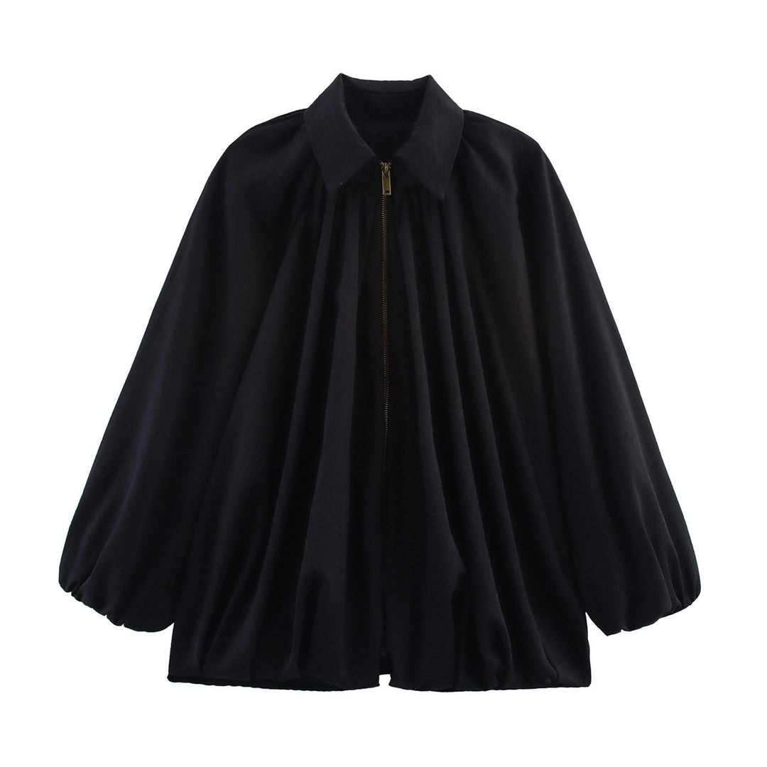 Women's wide pleated cape blouse with standing collar and concealed zipper Mune Fashion