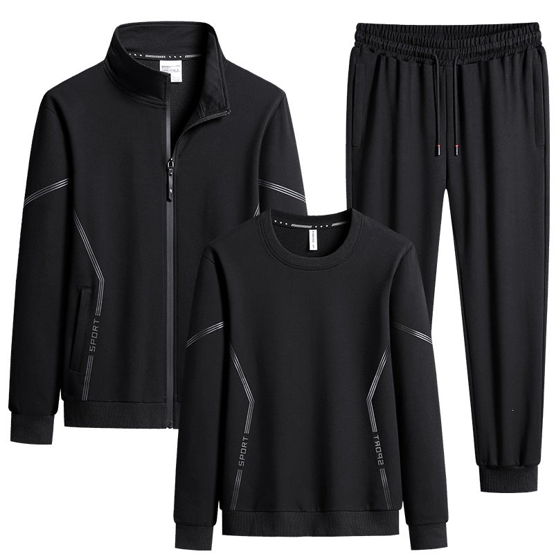 Men's Three-Piece Performance Training Set with Stand Collar Zip Jacket, Round Neck Sweater & Tapered Jogging Pants Mune Fashion