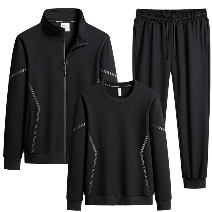 Men's Three-Piece Performance Training Set with Stand Collar Zip Jacket, Round Neck Sweater & Tapered Jogging Pants Mune Fashion