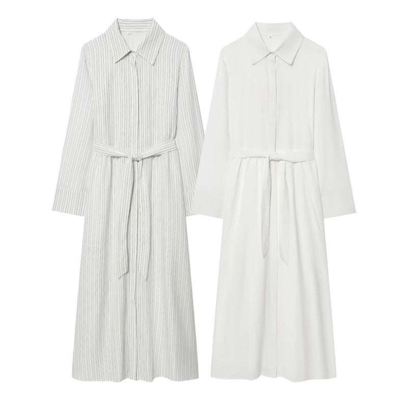 Women Long Shirt Dress with Waist Belt and Continuous Button Placket Mune Fashion