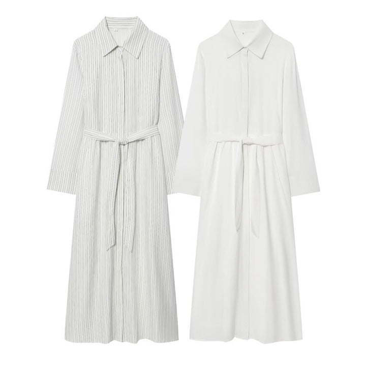 Women Long Shirt Dress with Waist Belt and Continuous Button Placket Mune Fashion