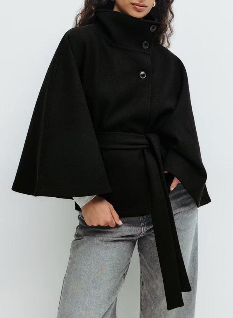 Women's Widely Cut Cape Coat with High Stand-up Collar, Button Placket, and Tie Belt Mune Fashion