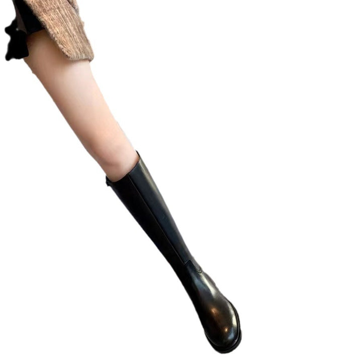 Women Knee-High Smooth Leather Boots with Sleek Silhouette and Flat Profile Sole Mune Fashion