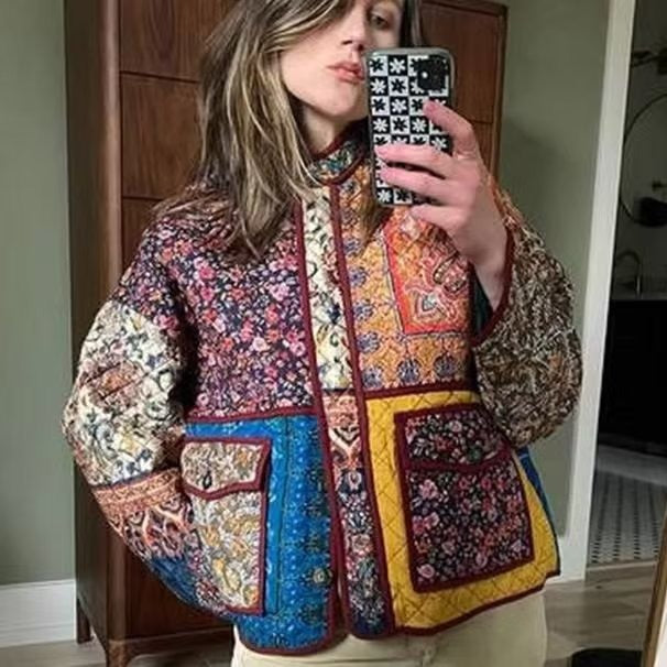 Women’s Boho quilted jacket with patchwork print, quilted lining and patch pockets Mune Fashion
