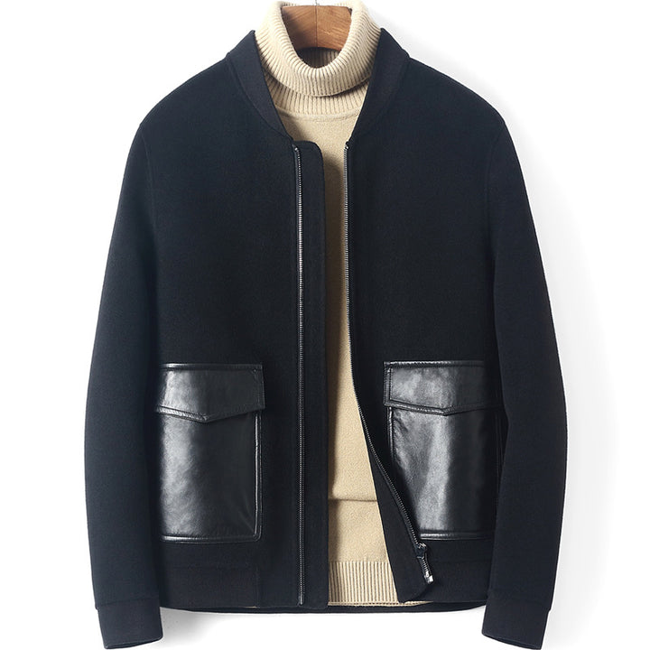 Men's Zip Woolblend Jacket with Leather Collar and Slim Silhouette Mune Fashion