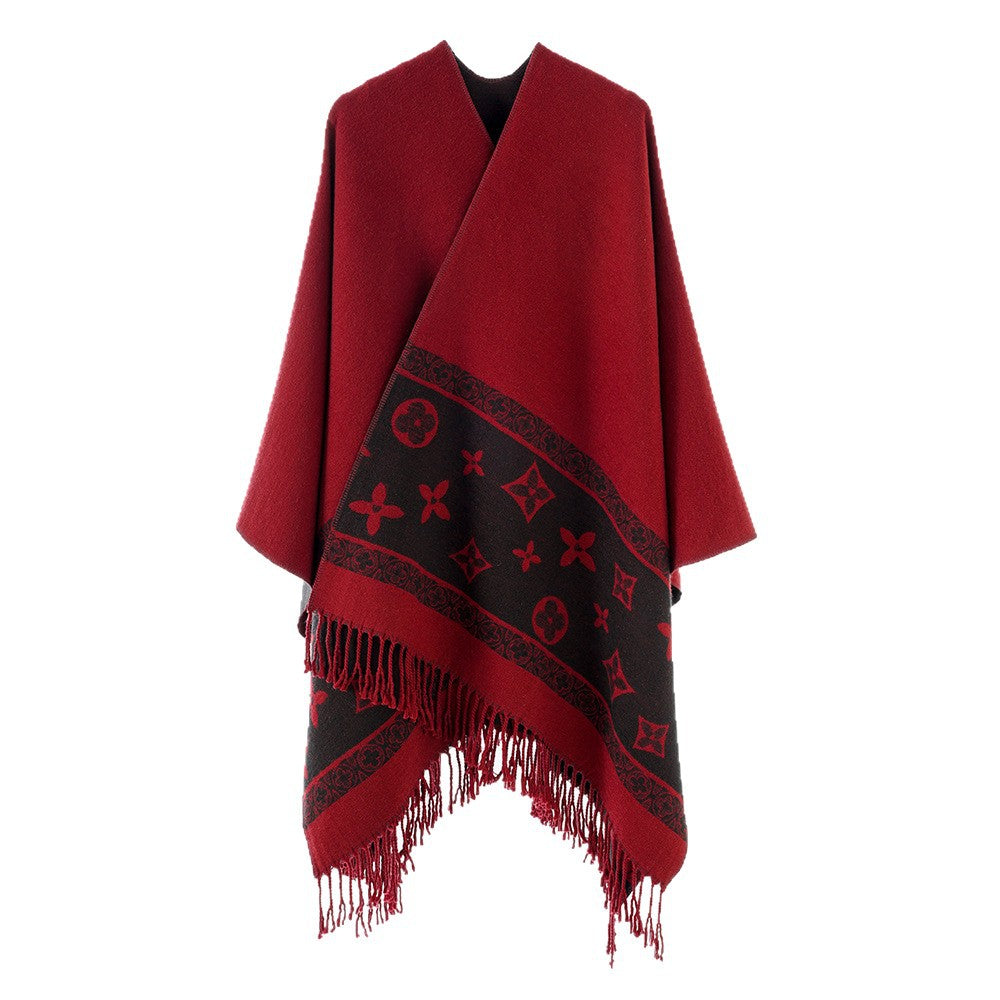 Women's Fringe Cape Poncho in Jacquard Wool Blend with Asymmetrical Pointed Hem Mune Fashion