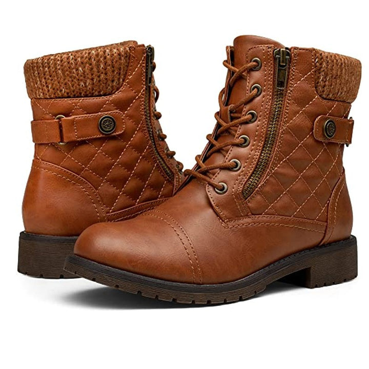 Ladies nan quilted lace-up biker boots with side zipper, padded shaft and sturdy tread sole Mune Fashion