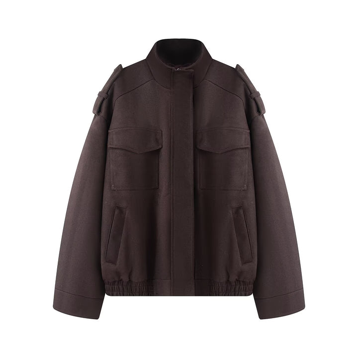 Ladies wool blend blouson with shoulder epaulettes, patch breast pockets and elastic hem Mune Fashion