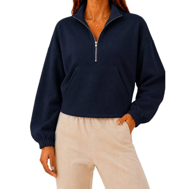 Women's Short Cut Sweatshirt Sweater with Half Zipper and Kangaroo Pocket Mune Fashion