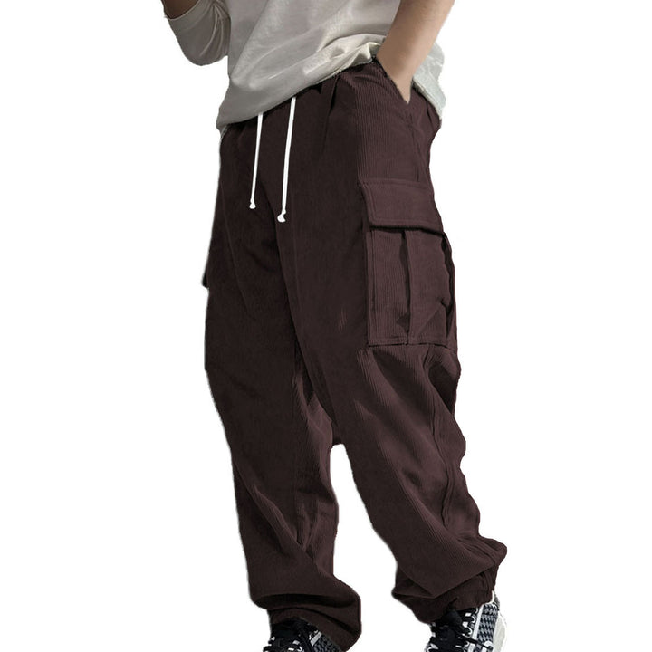 Men's Loose Cord Cargo Pants with Drawstring, Elastic Waistband & Multi-functional Pockets Mune Fashion